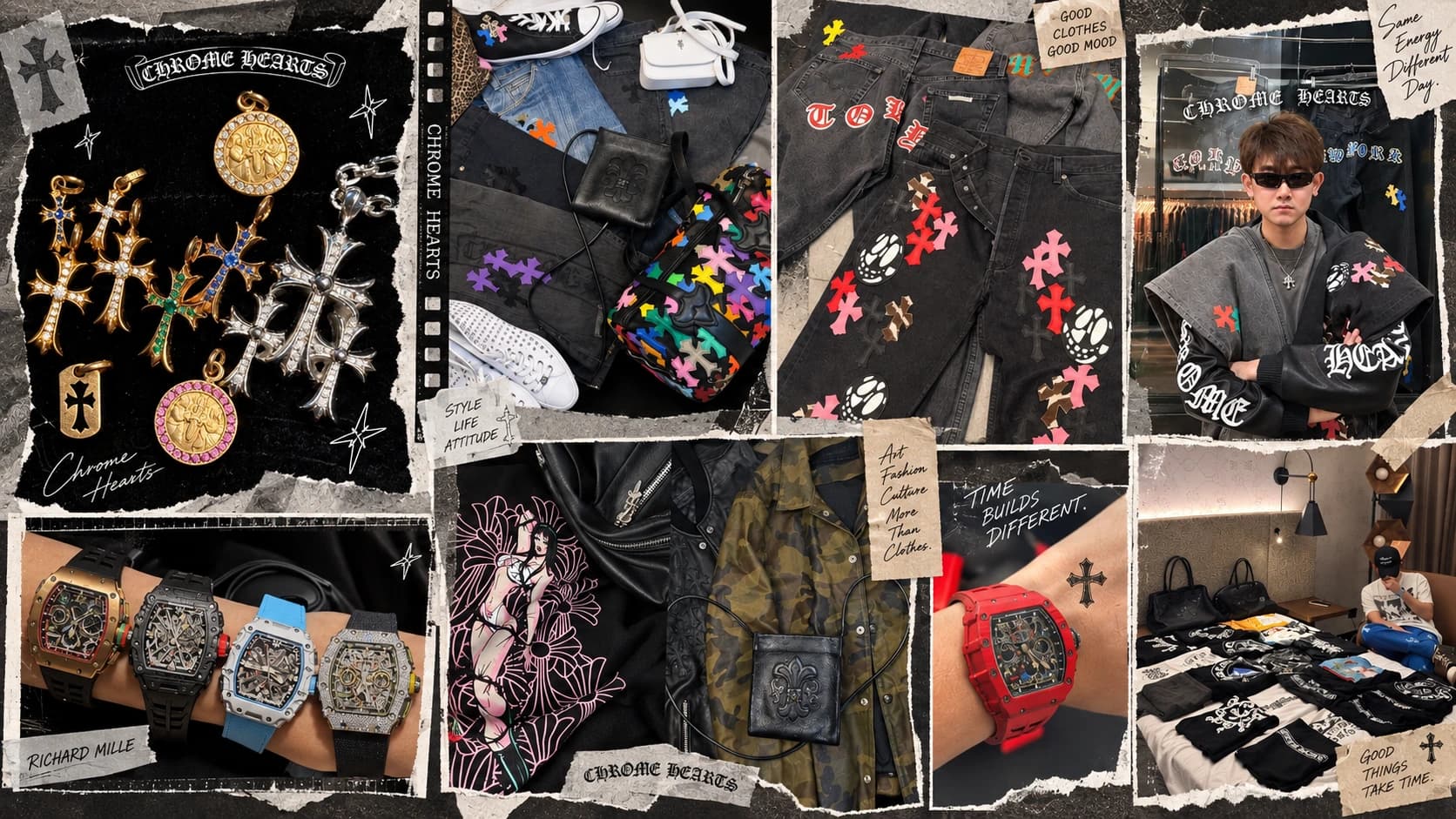 SAVAGE Toronto collage of Chrome Hearts jewelry, patched denim, leather bags and Richard Mille watches