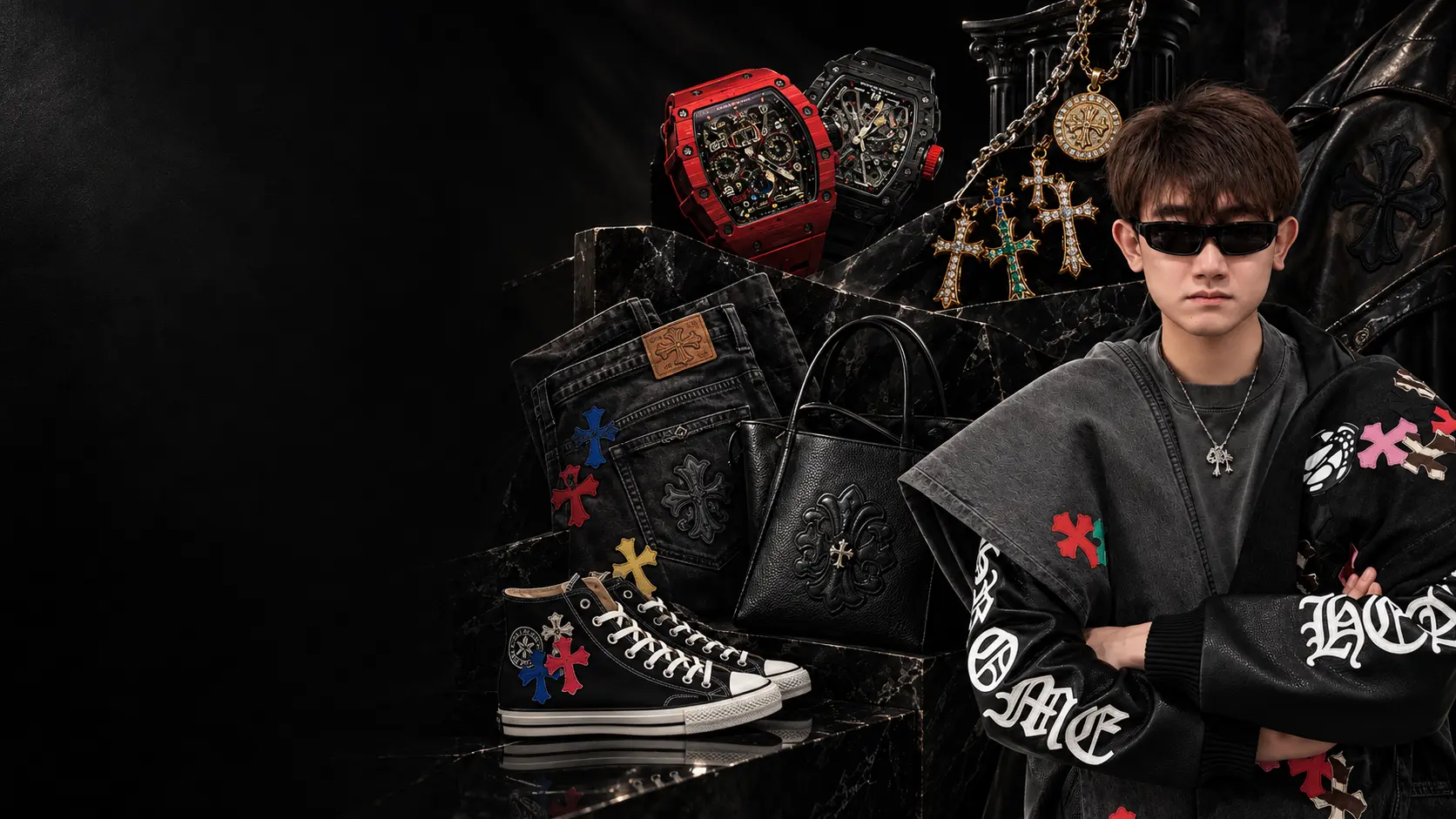 Chrome Hearts denim, sneakers, bags and jewelry with Richard Mille watches from the SAVAGE collection
